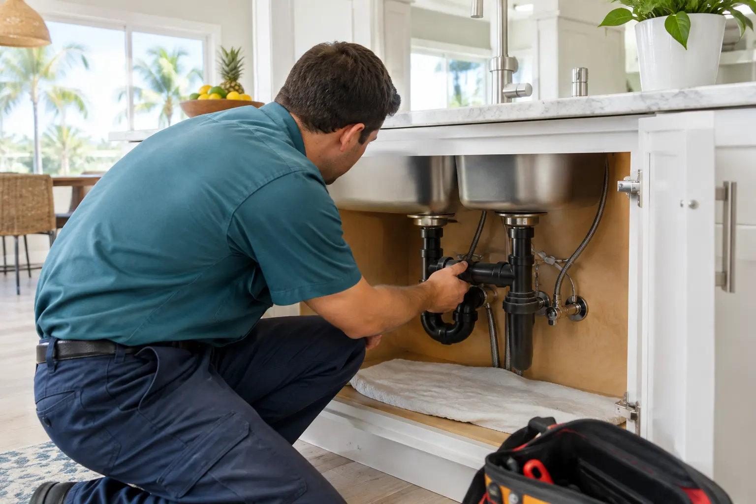 Plumber inspecting the pipes beneath a kitchen sink in a Florida home