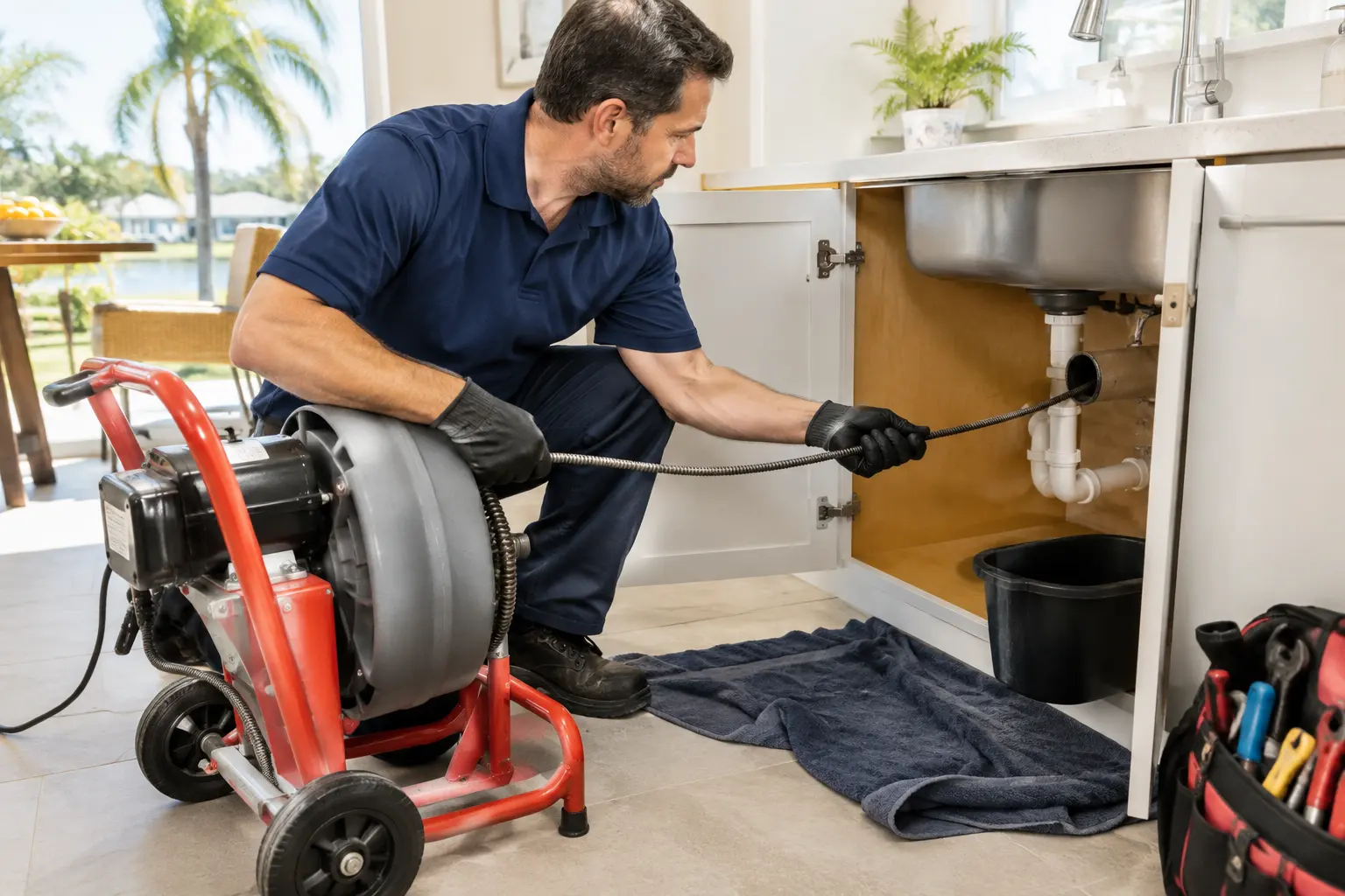 Drain cleaning cable being fed into a kitchen sink drain in a Florida home