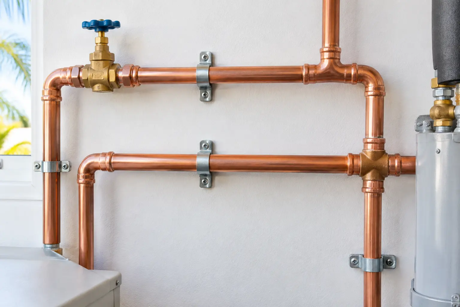 Illustrative example of copper supply pipes and valves mounted on a wall