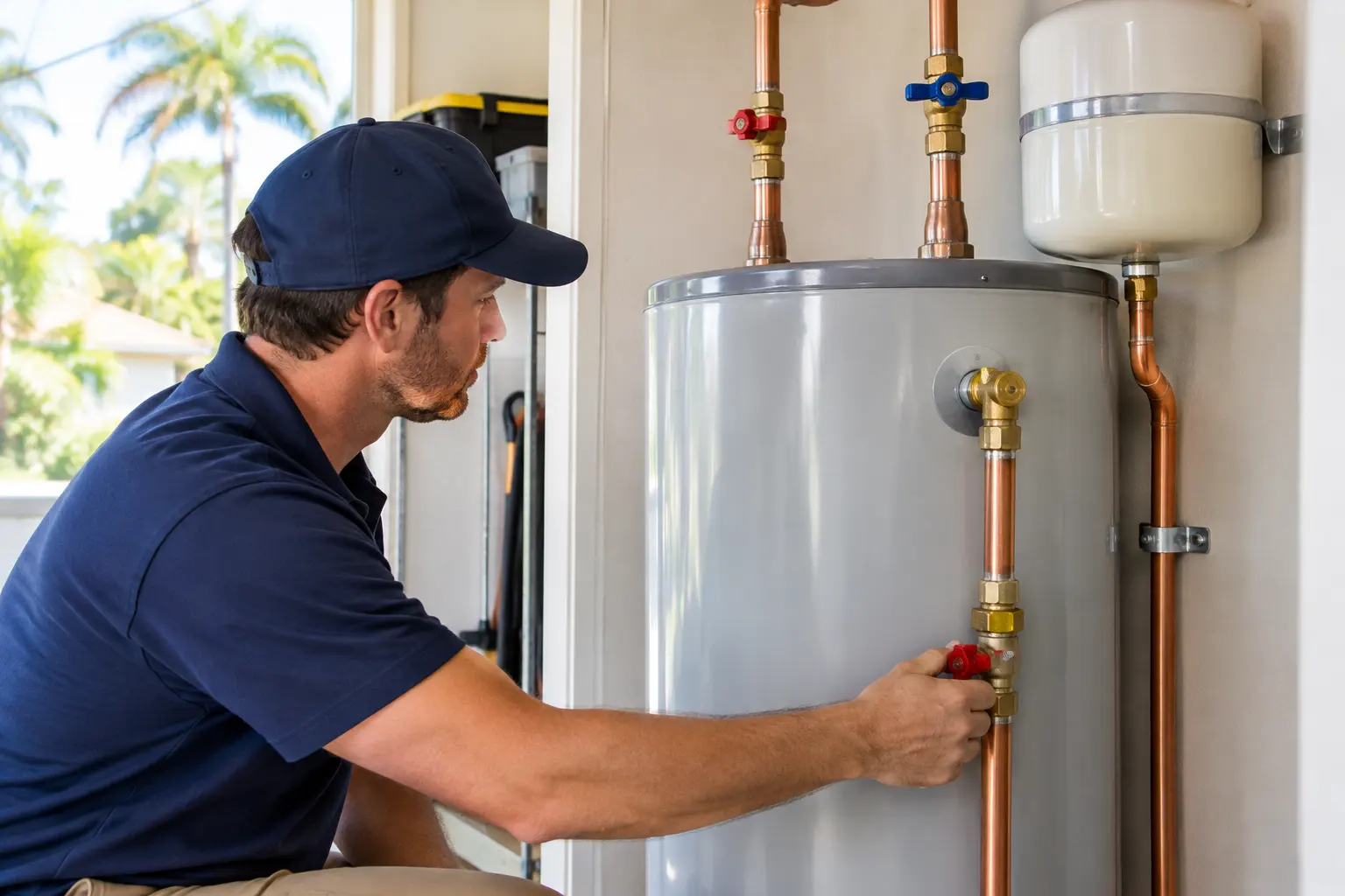 Illustrative example of a plumber inspecting a tank water heater