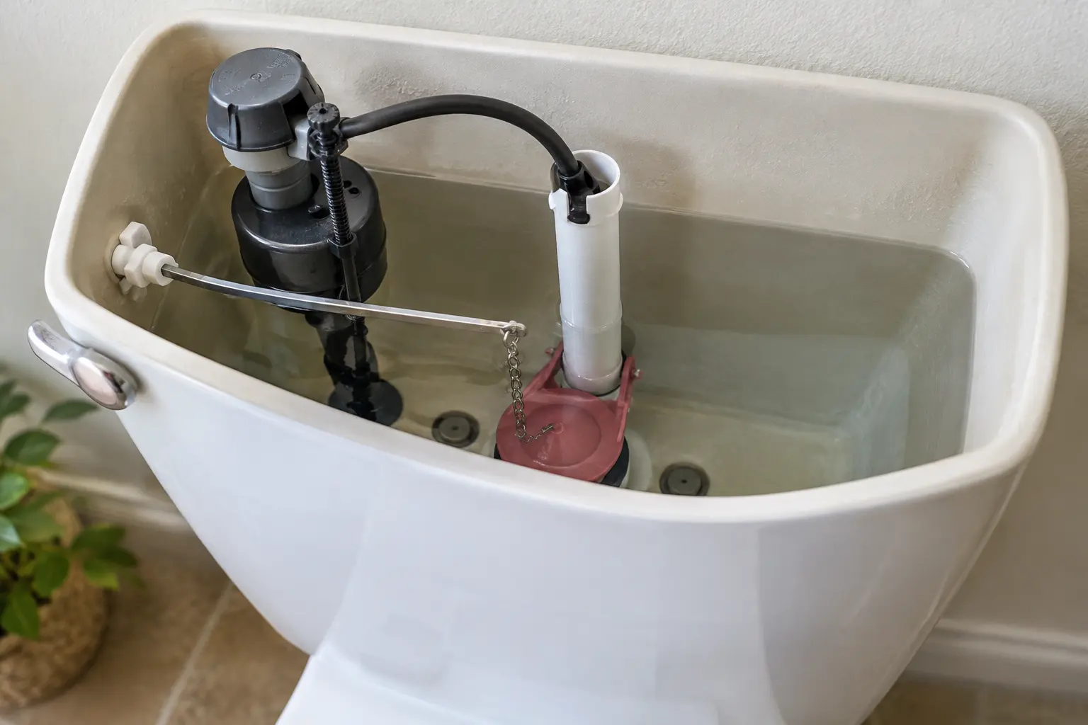 Illustrative example of a toilet tank with a new fill valve