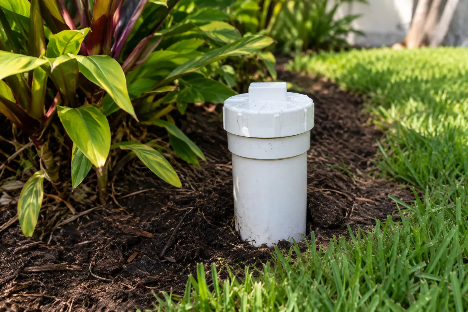 Illustrative example of an outdoor sewer cleanout in a Florida yard