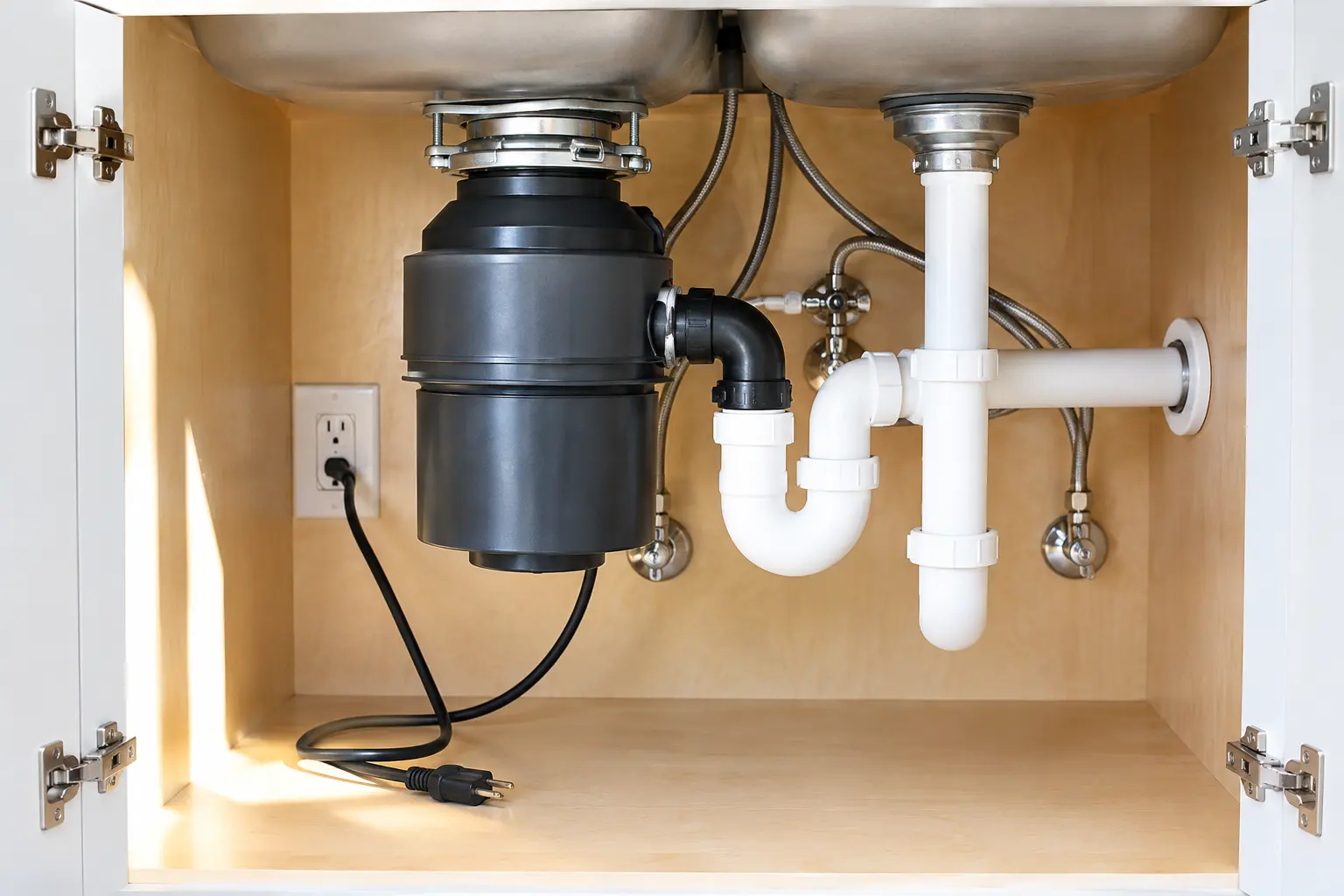 Illustrative under sink view of a garbage disposal and drain connections