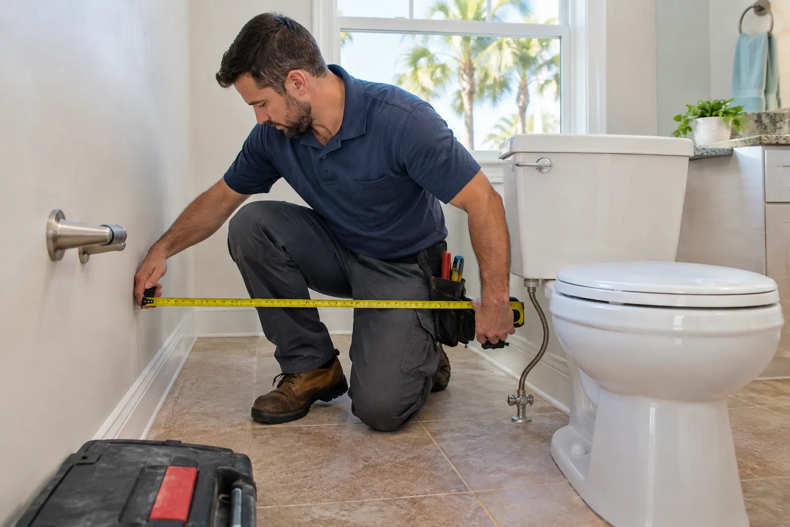 Plumber kneeling on a tile floor measuring from the wall toward a white toilet with a tape measure