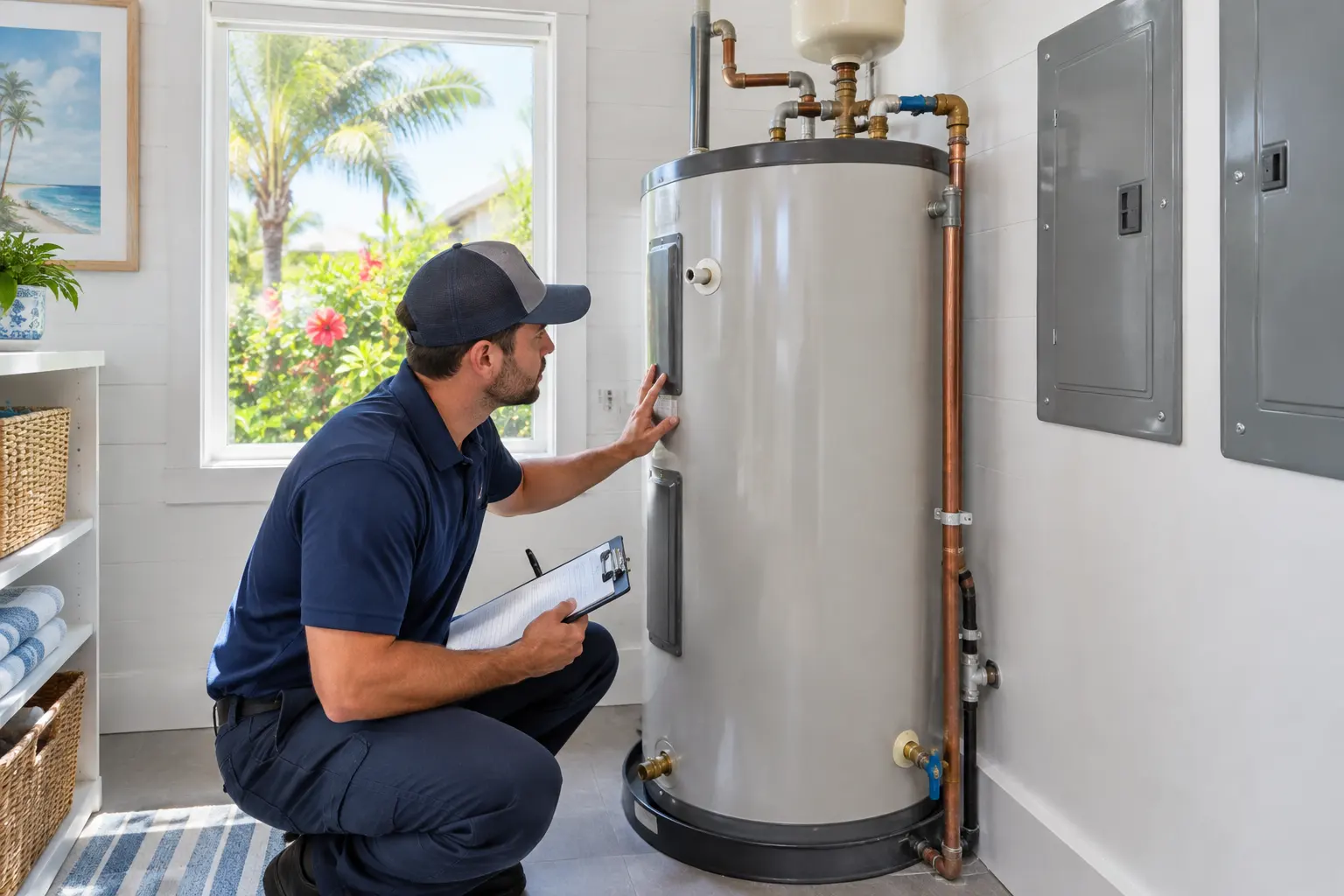 Plumber with a clipboard checking a tall electric water heater in a bright laundry room