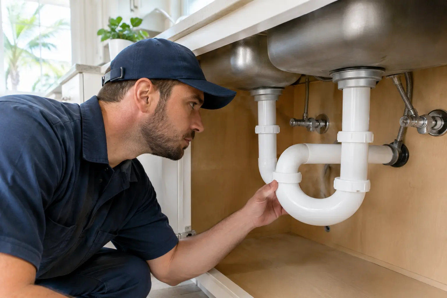 Plumber in a cap inspecting the white P trap and drain pipes under a double kitchen sink