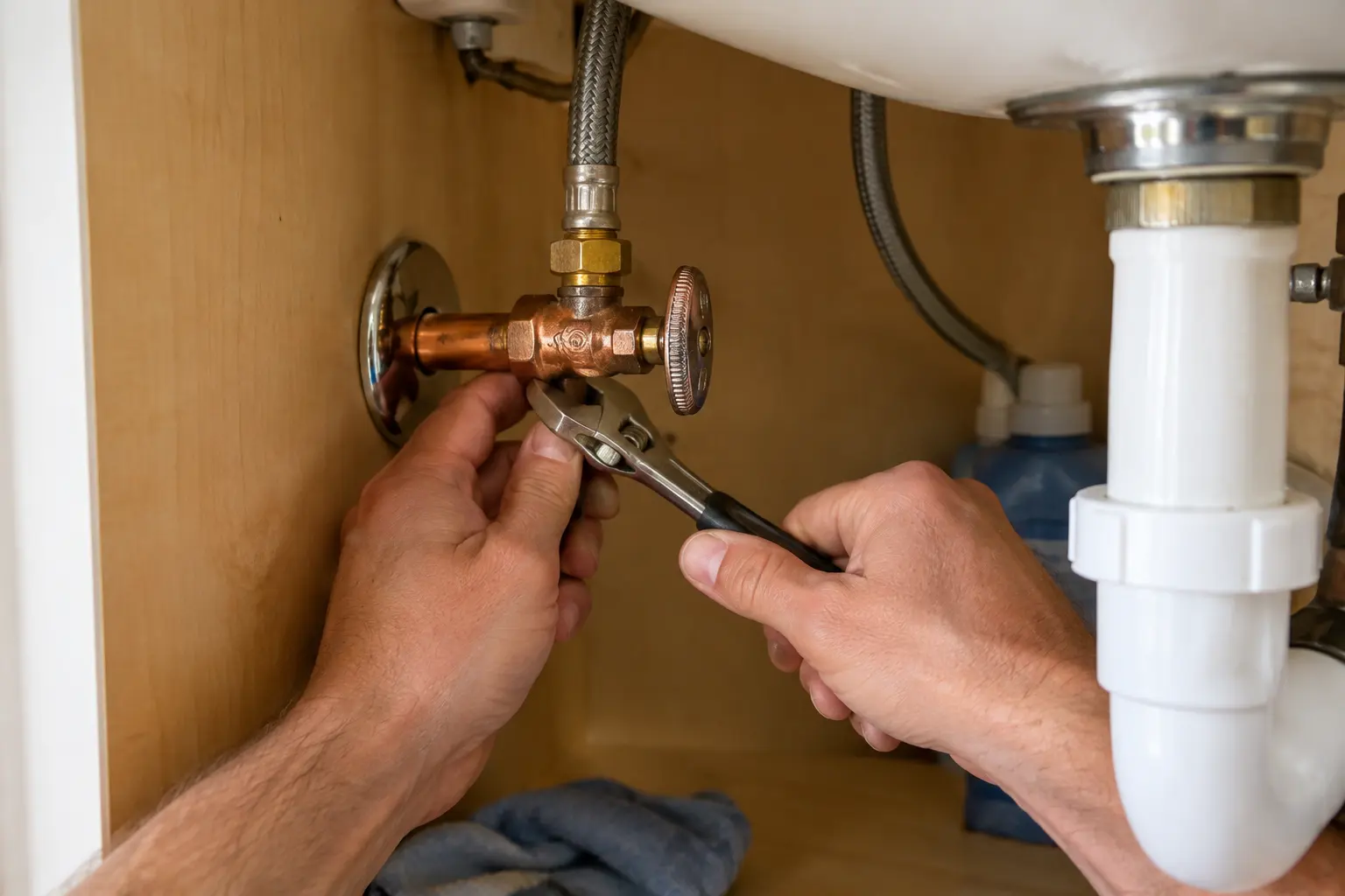 Illustrative hands adjusting a copper supply valve under a sink