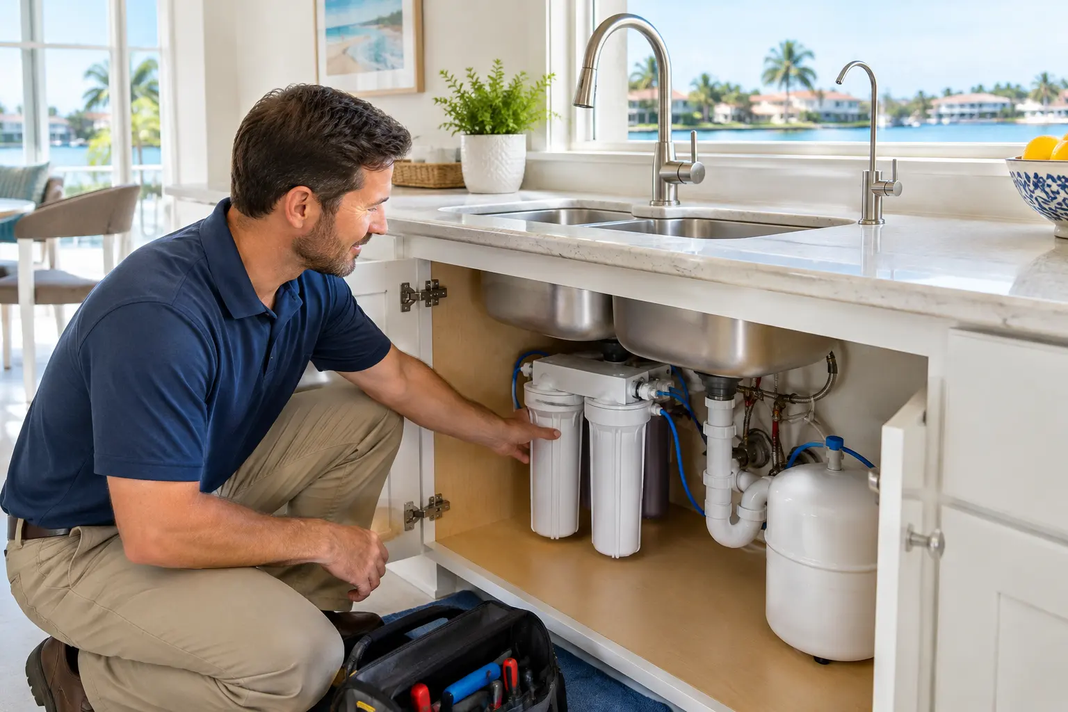 Illustrative plumber inspecting a sink filtration system in a coastal Florida kitchen