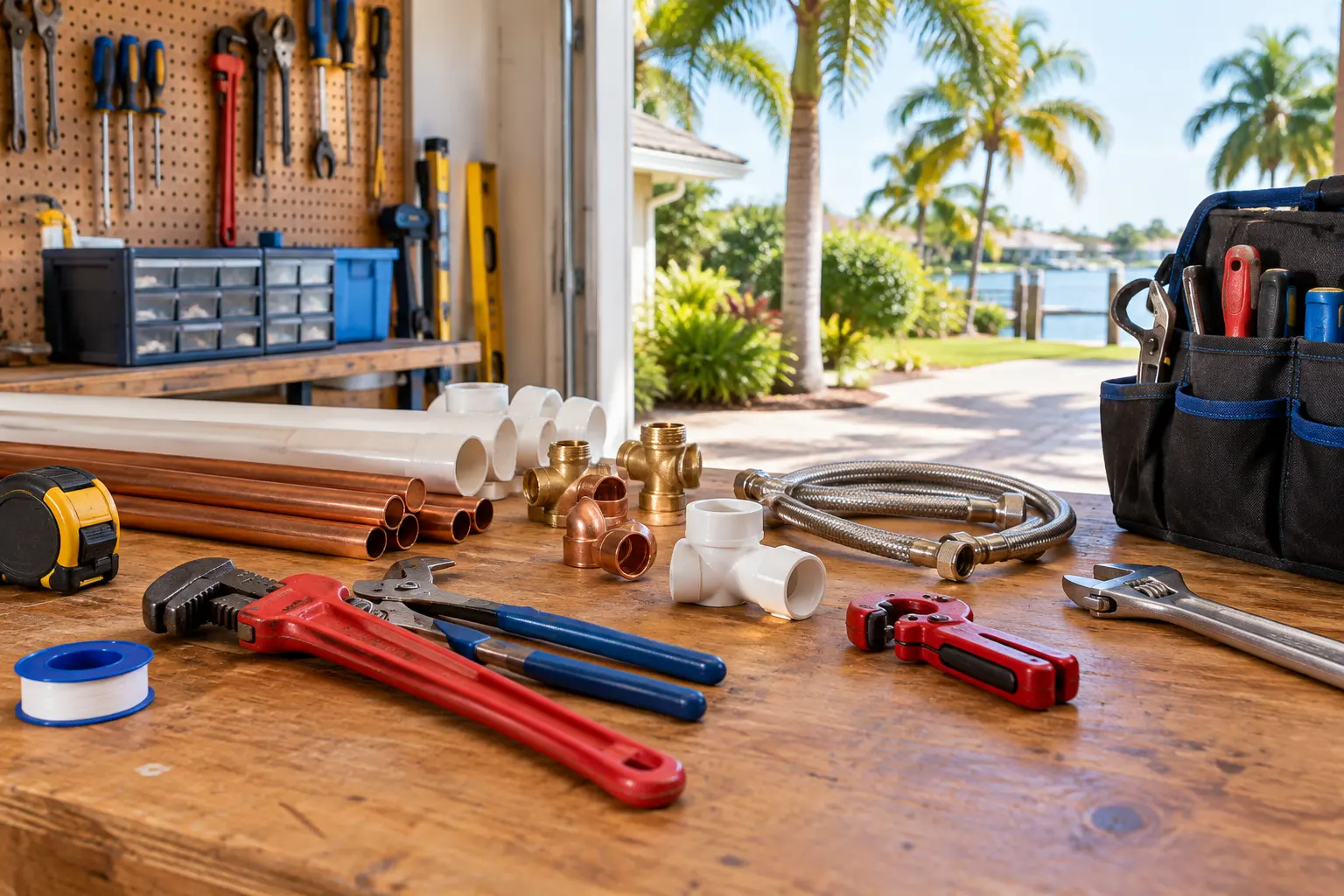 Illustrative plumbing tools laid out on a garage workbench