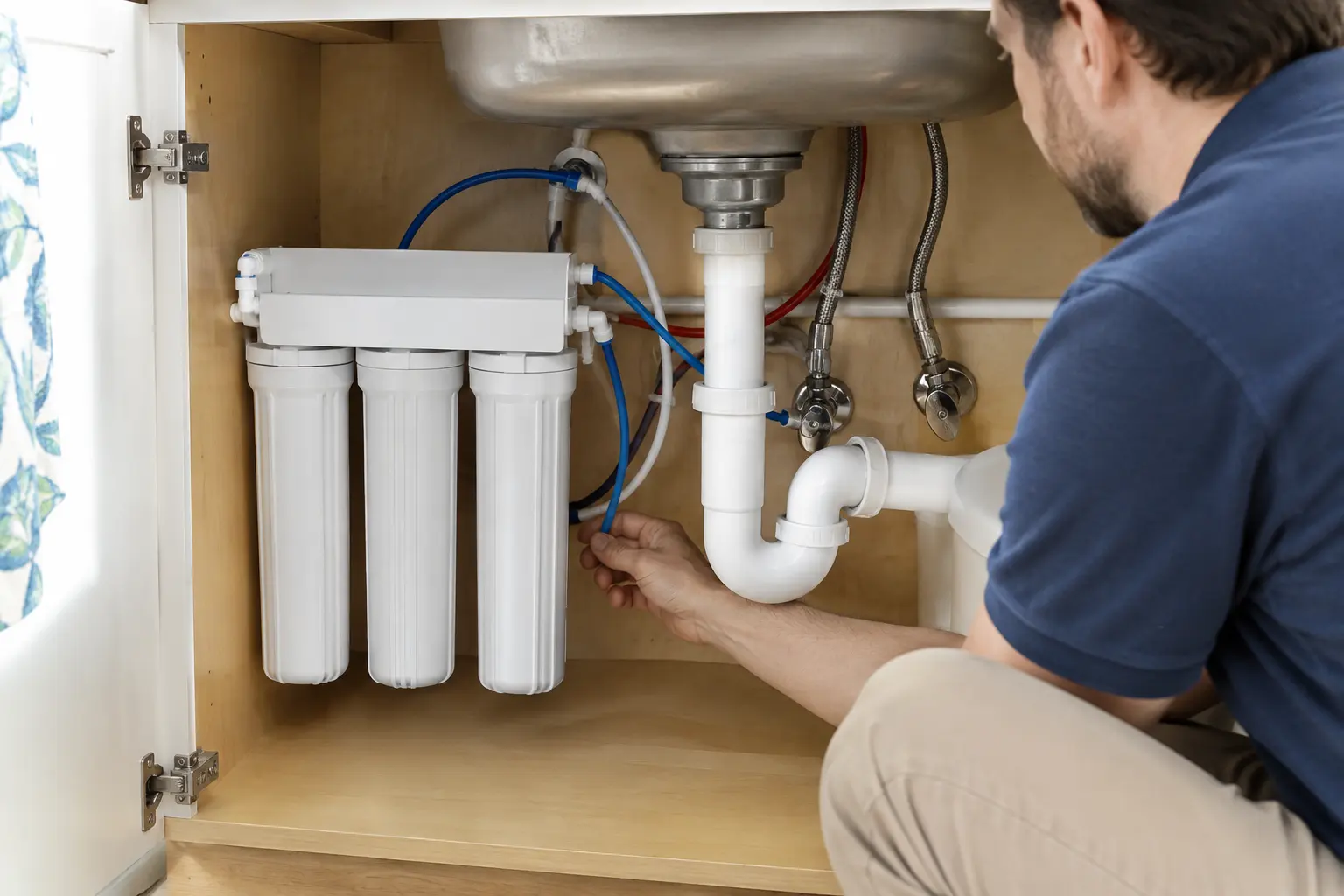 Under sink water filtration system with filter housings installed