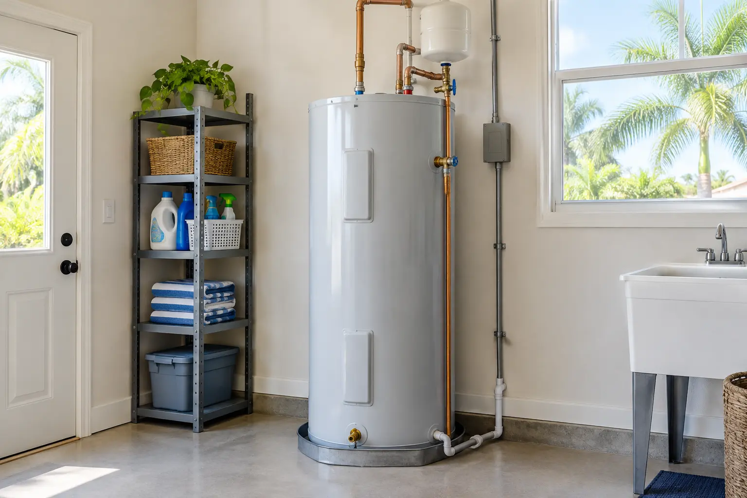 New tank water heater installed in a clean garage utility corner