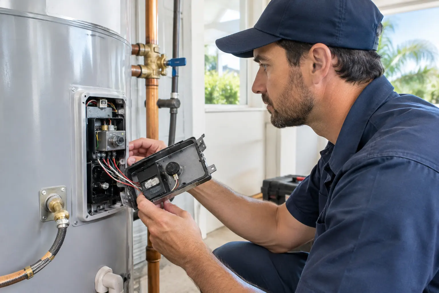 Plumber testing the heating element on an electric water heater